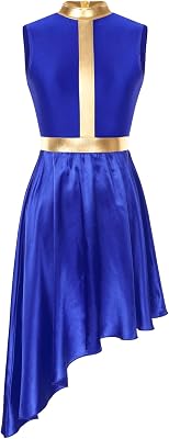 Winnrchan Praice Dance Dresses for Women Shiny Satin Church Worship Dance Tunic Overlays Irregular Hem Liturgical Dancewear Royal Blue Medium