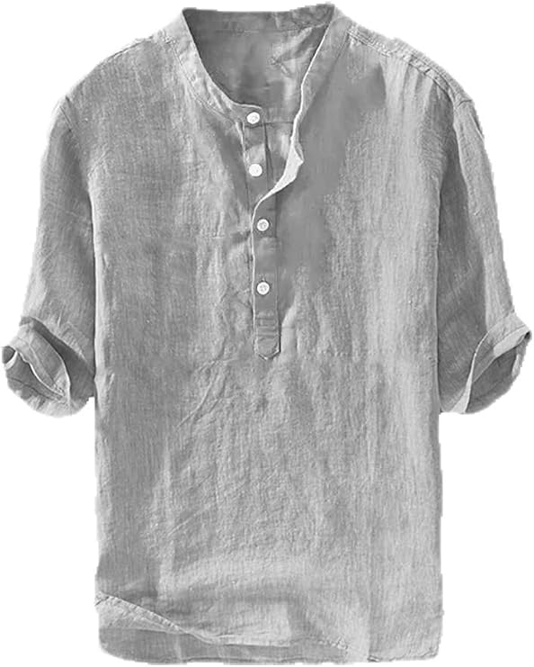 Ryannology Mens Linen Shirts Casual Cotton 3/4 Sleeve Henley T-Shirt