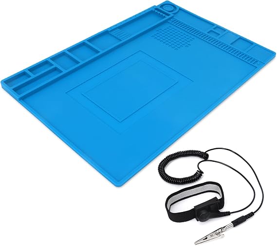 STREBITO Anti Static Wrist Strap, Adjustable wristband with Alligator Clip, Extra Long Cord for PC Computer Building+Magnetic Work Mat Silicone Repair Mat for Soldering, Computer, Laptop, Cell Phone