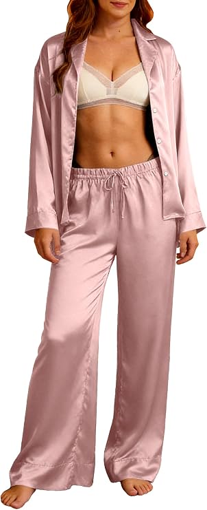 Women's Satin Pajamas Set Long Sleeve Top & Flare Pants Soft Silk Loungewear