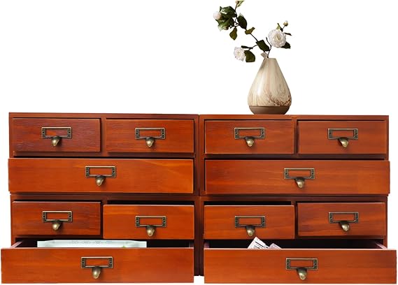 Wood Metal Drawer Storage, 4 Piece Desktop Organizer Set with 3 Drawers, Wooden Storage Drawers for Tabletop for Jewelry, Letters, Papers, Tea Bags