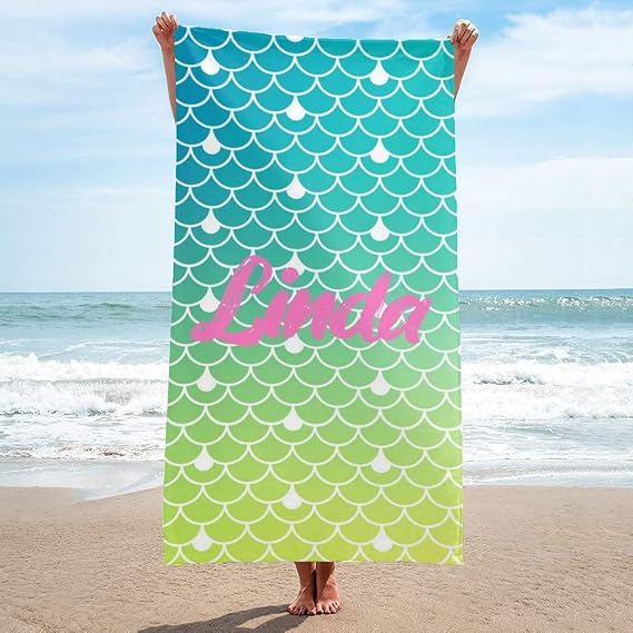 BUY JOY Mermaid Scales Beach Towels, Mermaid Personalized Beach Towels for Women Girl, Large Size Custom BathPool Towel with Name Text 3060 inches (Color 1)