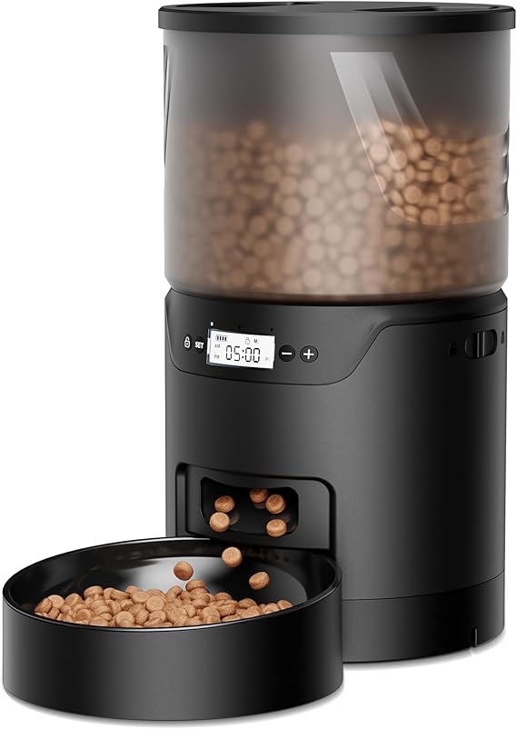 IMIPAW PET Automatic Cat Feeder, 3L Cat Food Dispenser, Programmable Portions, Timed Dry Food Feeding, Easily Removable for Cleaning, with Desiccant Bag, 1-6 Meals Per Day, Dual Power Supply, Black