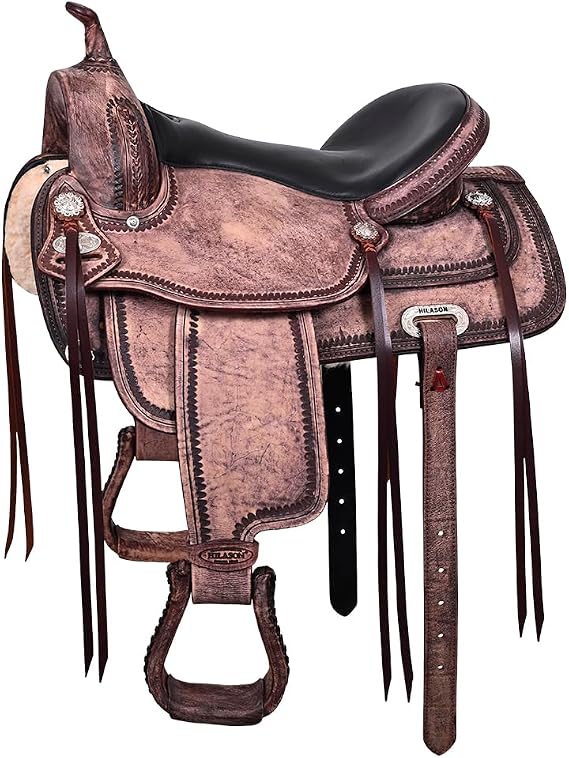 HILASON Western Saddle Brown Flex Tree Trail Pleasure 15in | Hand tooled antique brown leather, flex tree, 4.5in cantle, 26in skirt, includes front and rear cinch straps