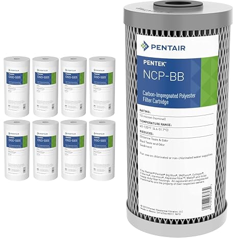 Pentair Pentek DGD-5005 Big Blue Water Filter, 10" x 4.5", 5 Micron, Pack of 8 & Pentair NCP-BB Big Blue Carbon Water Filter, 10-Inch, 10" x 4.5", 10 Micron