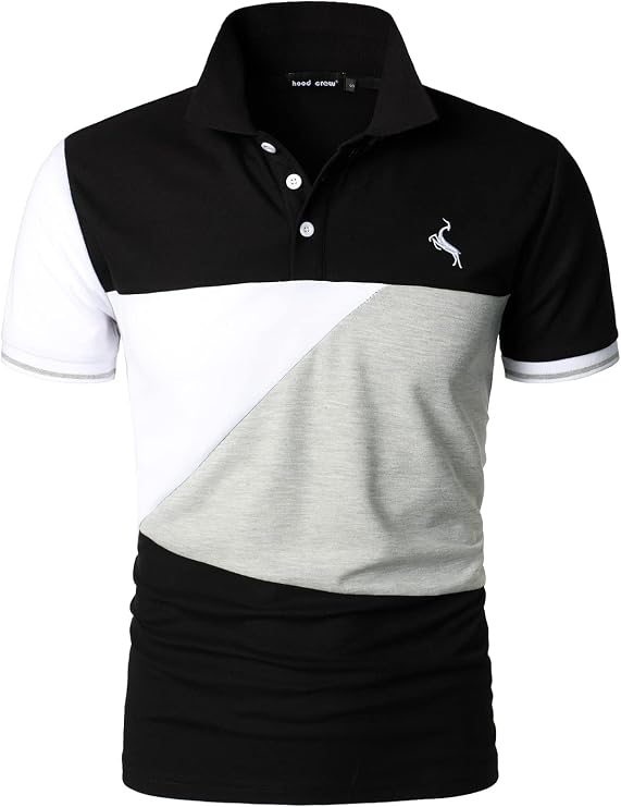 HOOD CREW Mans Fashion Polo Shirts Short Sleeves Collared T Shirt Color Block Sports Golf Polos