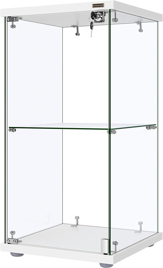 VIVOHOME 2-Tier Glass Display Cabinet, 31.9''H x 15.7''W x 15.7''D | Curio Cabinets with Doors for Collectibles, Glass Display Case with Lock, 2 Display Shelves, 4mm Tempered Glass 25mm MDF Base