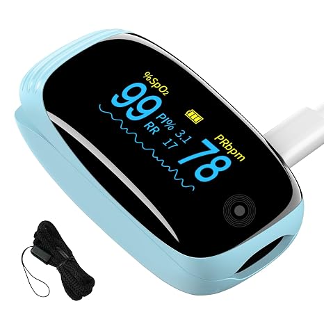 Fingertip Pulse Oximeter, Ox with Respiration Rate Monitoring, Heart Rate, PI & RR Measurements, Fast Spo2 Reading Rechargeable Blood Oxygen Monitor with OLED Display, 6 View Modes & 4-Direction Rotation(Blue)