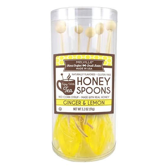 Melville Candy Soothing Ginger and Lemon Honey Spoons for Tea - Individually Wrapped Real Honey Tea Spoons, Perfect for All Teas (8 count) | Individually Wrapped, Real Honey Tea Spoons