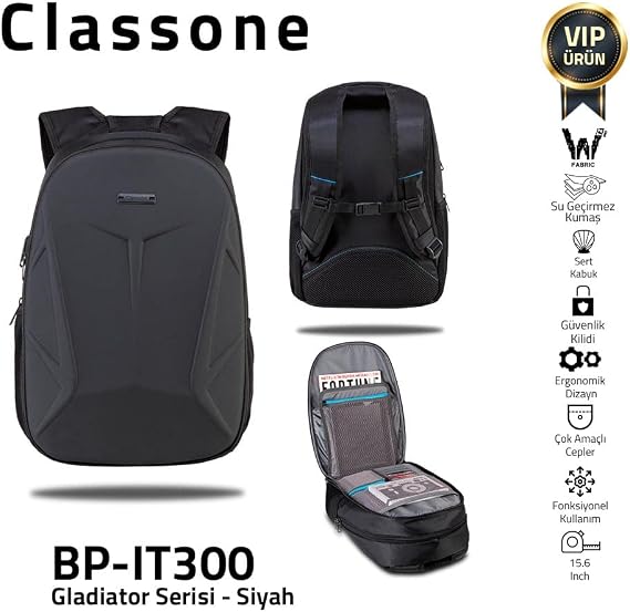 Classone BP-IT300 Gladiator Serisi 15.6" Uyumlu Notebook Çantası - Siyah