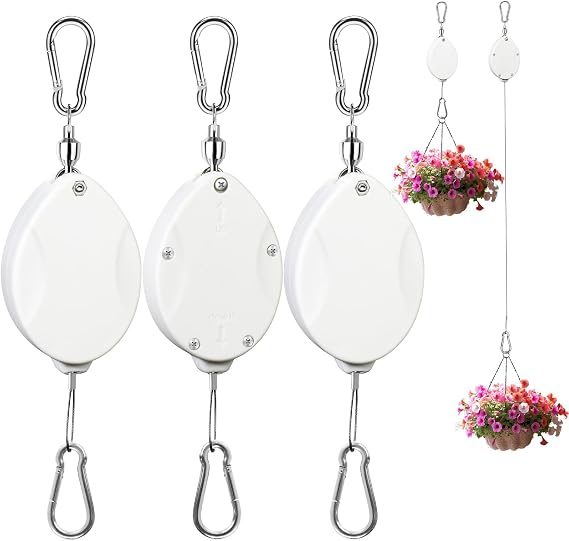 3Pcs Retractable Plant Hanger,Easy to Raise and Lower,White