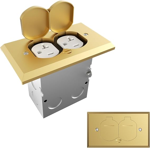 20A Recessed Floor Outlet Cover Plate, Flip Lid Cover Floor Box Kit Resistant Duplex Outlet Cover Boxs, Brass Finish Electrical Outlet Box Suitable for Flooring,Tiles,Carpets.