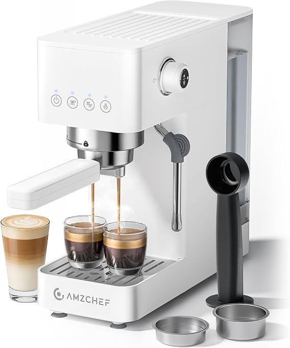 AMZCHEF 20 Bar Professional Espresso Machine, 1350W Coffee Machine with Milk Frother, Flexible Brewing Options, Compact Espresso Machine for Cappuccino, Latte, White