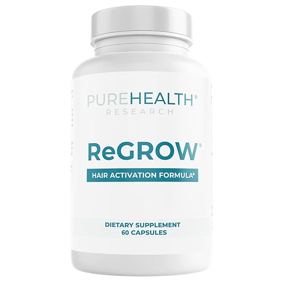 PUREHEALTH RESEARCH ReGrow - Hair Growth Vitamins - Hair Supplement for Scalp & Thickness Support - with Saw Palmetto, Biotin, Hydrolyzed Bovine Collagen, Hydrolyzed Keratin & More - 60 Capsules