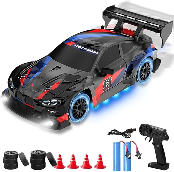 RC Drift Car, 1:24 Remote Control Car, 2.4GHz, 20 KM/h High Speed 4WD, with Cool Lighting, Racing and Drifting Tires, Mini RC Drift car Toy Gifts, for Drifting and Racing, Black