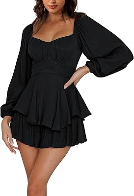 Mannice Off the Shoulder Rompers for Women Dressy ShortLong Sleeve Romper Ruffle Layer Back Tie Mini Short Jumpsuits