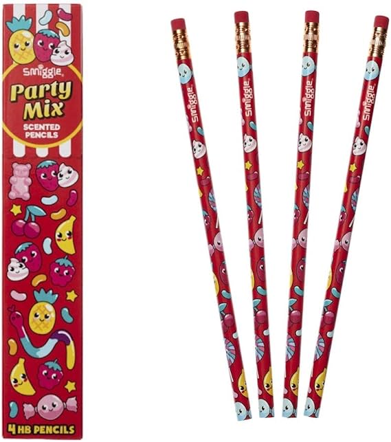 Smiggle Pencils x 4 Pack Scented HB Wooden With Eraser Top (Party Mix)