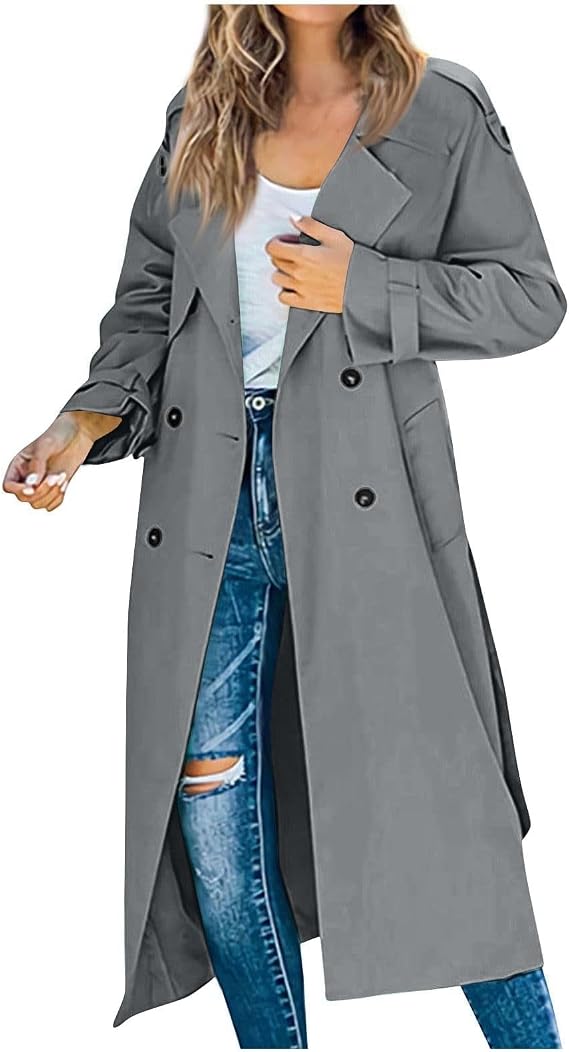 Women's Trench Coat Double Breasted Long Trench Coats 2025 Fall Windproof Classic Lapel Overcoat with Belt