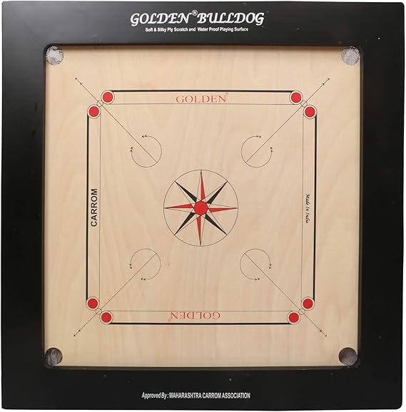 KD Golden Carrom Board Game Board Champion Bulldog Jumbo Indian Ply Wood Board with Coin, Striker & Cover, AICF Approved Used in National & International Tournament (36mm, Jumbo)