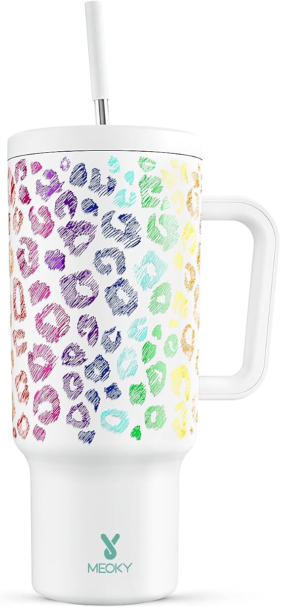 Meoky 40 oz Tumbler with Handle and Straw, Tumbler with Lid and Straw, Insulated Stainless Steel Travel Mug, 100% Leak-proof, Keeps Cold for 34 Hours or Hot for 10 Hours (Kiss)