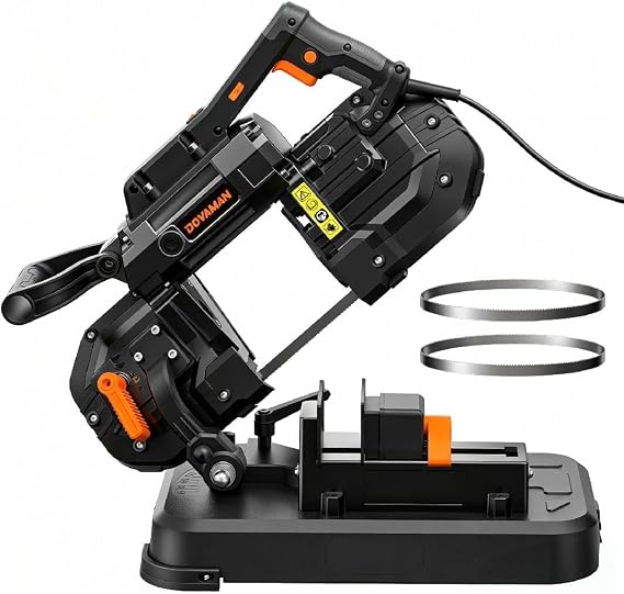 DOVAMAN Portable Band Saw, 10A 5-Inch Cutting Capacity Handheld Corded Bandsaw, 6-Speed Variable Control, 045 Adjustable Angle, Band Saw for Cutting Metal and Woodworking, Includes 2 Saw Blades