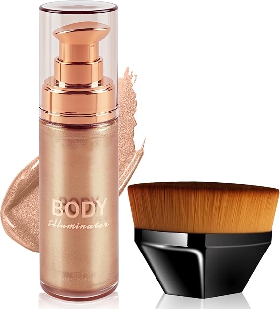 Body Shimmer Oil, Face & Body Glow Oil, Liquid Highlighter Spray, Waterproof Non-Sticky Luminizer, Bodies Illuminator for Instant Skin Radiance, Moisturizing Glow Lotion with Makeup Brush
