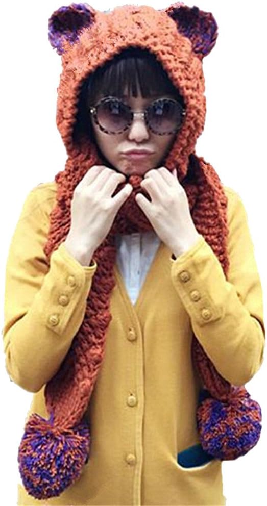 Handmade Knitted Ear Scarf Hat Winter Beanie Cap Orange