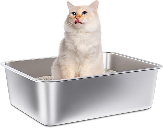 Stainless Steel Litter Box, Large Metal Cat Litter Box for Small to Medium Cats, High Sides, 18"x14"x6",Non Stick, No Smell, Easy to Clean