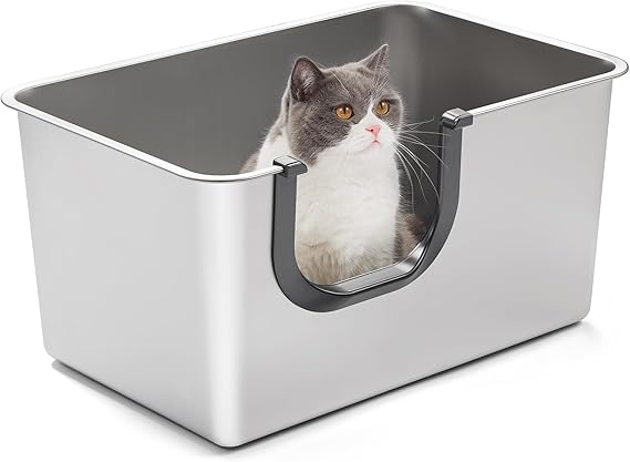 Yangbaga XXL High Sided Stainless Steel Litter Box for Cats