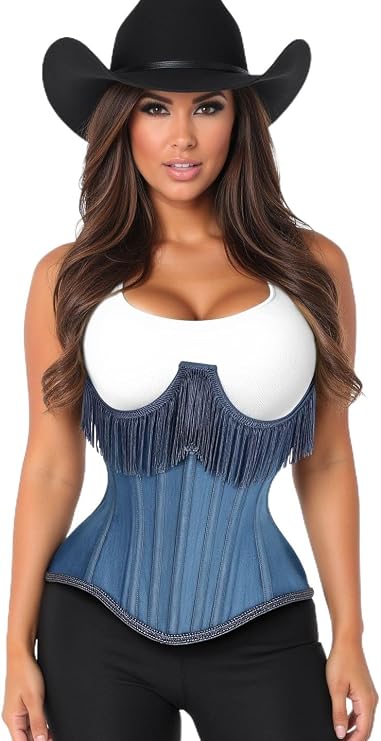 Daisy corsets Women's Daisy Corsets Womens Steel Boned Denim Underbust Western Corset Top Cincher W/Fringe