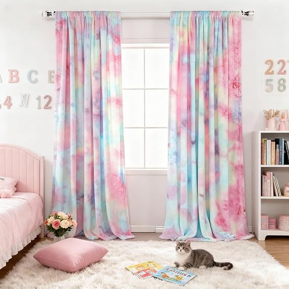 Amidoudou 1 Panel Plush Cute Curtain for Girls Bedroom Semi-Blackout Rainbow Curtain (Colorful, 66x90 Inch)