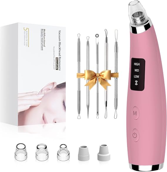 Blackhead Remover Pore Vacuum with 3 Suction Levels, 5 Probes (Pink) | Portable Facial Pore Cleaner - Rechargeable Blackhead Remover Tools for Women & Men
