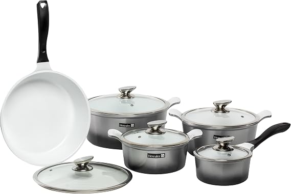 Hercules by Mundial 10-Piece Nonstick Ceramic Cookware Set Non-Toxic Pots & Pans, Induction Compatible, Tempered Glass Lids, Dishwasher Safe