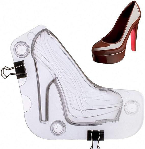 Fewo Big Size 7.5"x7.1" High Heel Shoe Chocolate Mold with 6 Clips, 3D Polycarbonate Stiletto Candy Cake Decoration Molds DIY Home Baking Pastry Tools Lady Shoes Mold
