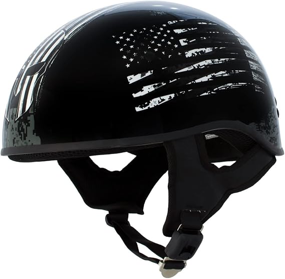 Hot Leathers HLD1043 Gloss Black Black and White Warrior Bullet Advanced DOT Skull Half Helmet