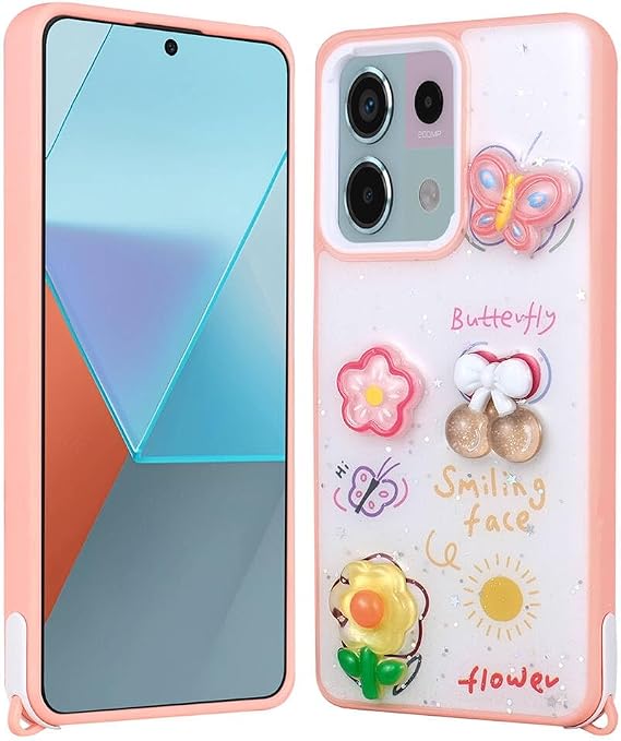 Elfia Xiaomi Redmi Note 13 Pro 5G ile Uyumlu Darbe ve Kamera Lens Korumalı Kabartma Desenli Simli Silikon Kılıf, Cezv Pembe