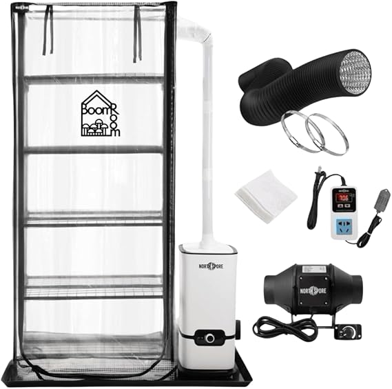 North Spore BoomRoom II Automated Mushroom Grow Tent Kit, 5-Rack Chamber | Complete Martha Tent System with Humidity & FAE Control, High-Yield Monotub Alternative for Indoor Mycology