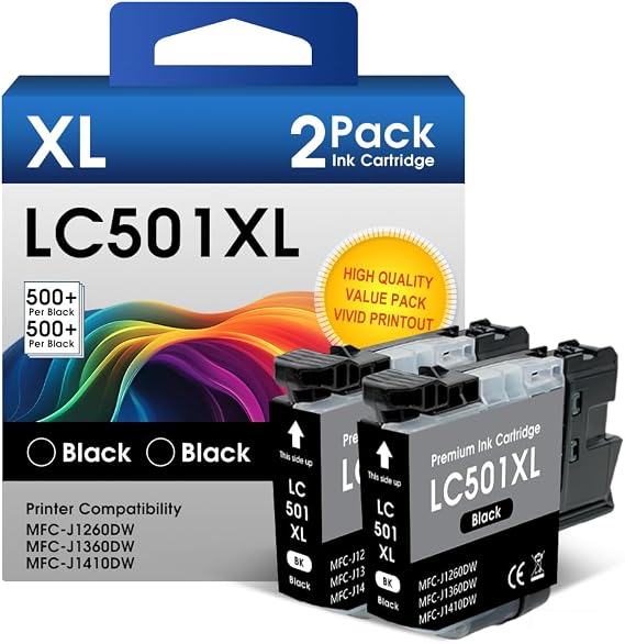LC501XL Black Ink Cartridges Compatible for Brother LC501 XL (2 Black)