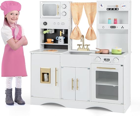 COSTWAY Wooden Kids Kitchen Playset, Pretend Play Kitchen with Ice Maker, Coffee Maker, Sink, Faucet, Microwave, Role Play Kitchens for Boys Girls (White)