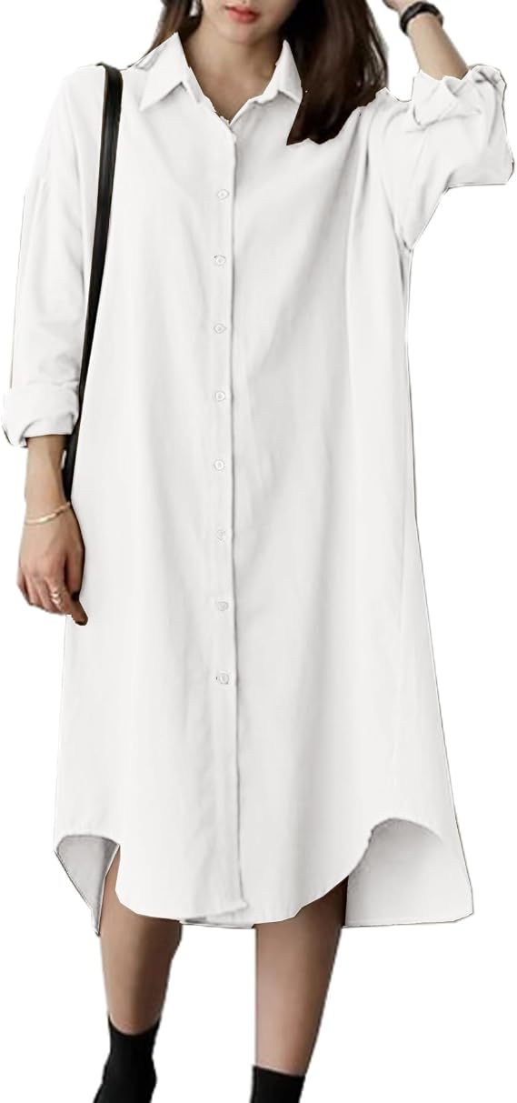 Women's Long Sleeve Button Down Loose Cotton Maxi Shirt Dresses