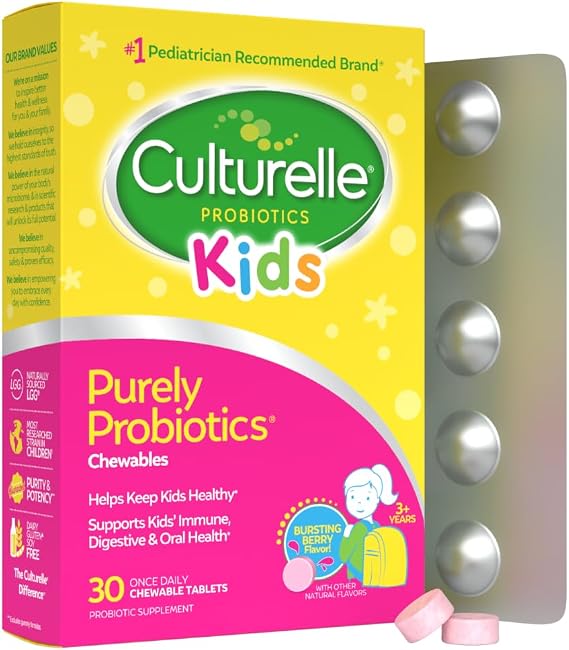 Culturelle Daily Chewable Probiotics for Kids Ages 3+, Berry Flavor, 30 Ct | From the #1 Pediatrician Recommended Brand Promotes Digestive Gut Health, Oral Care & Immune Support* 5B CFUs, Gluten Free