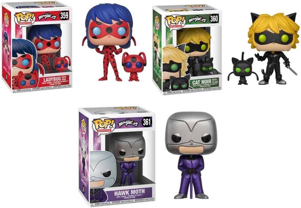 POP Miraculous: Tales of Ladybug &amp;amp; Cat Noir Cat Noir with Plagg, Ladybug with Tikki and Hawk Moth Vinyl Figures Set
