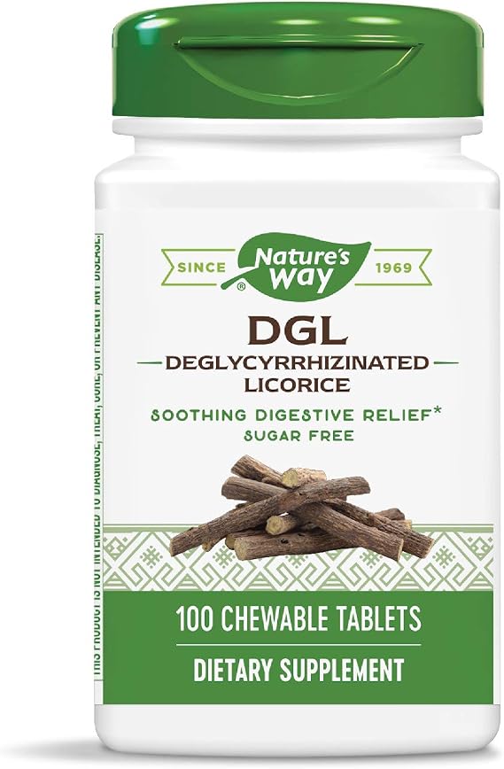 Natures Way DGL, Soothing Digestive Relief*, Sugar-Free, Vegan, Gluten-Free, 100 Chewables