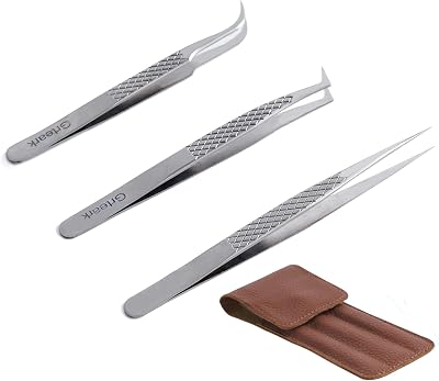 Lash Tweezers, Eyelash Extension Tweezers Set of 3, Anti Slip Grip - Stainless Steel Straight Curved 45 90 Degree Angled Tip Volume Tweezers for Isolation, picking up lashes, Eyebrows, Ingrown Hair