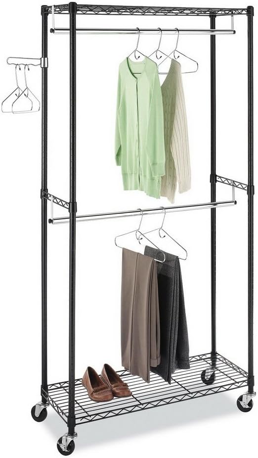 lapday Heavy Duty Garment Rack on Wheels, 2-Tiers Clothes Racks for hanging clothes with 2 Hanging Rods, 1 Pair Side Hooks - Hold Up to 132Lbs, 35.4" L x 17.7" W x 70.9" H (Black)