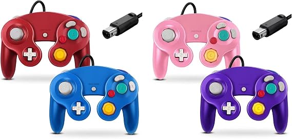 FIOTOK Gamecube Controller, Classic Wired Controller for Wii Nintendo Gamecube - Enhanced- 4 Pack (Red&Blue&Pink&Purple)