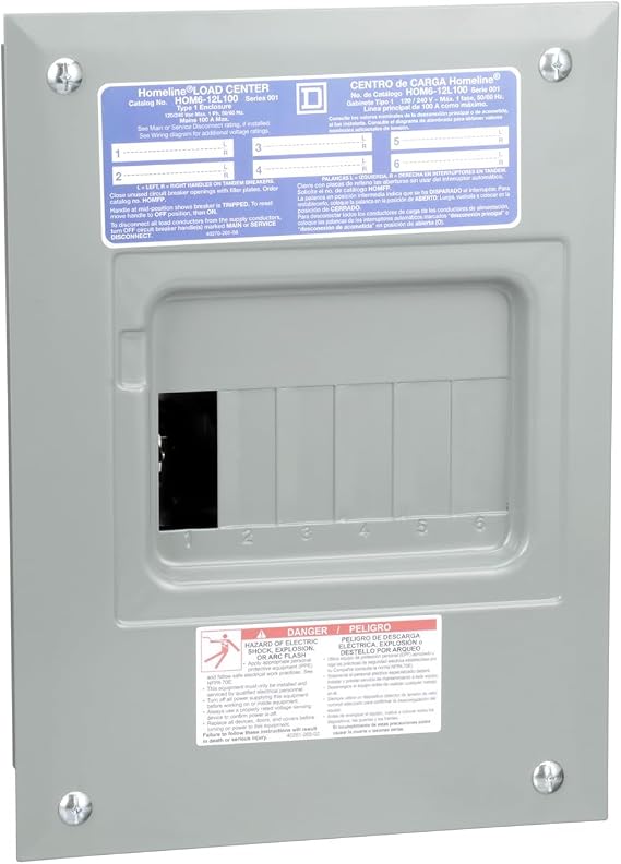 Square D by Schneider Electric Homeline 100 Amp Indoor Main Lug Load Center, Circuit Breaker Box, 6-Space 12-Circuit, 120/240 VAC, UL Listed, Indoor Use Only (HOM612L100FCP)