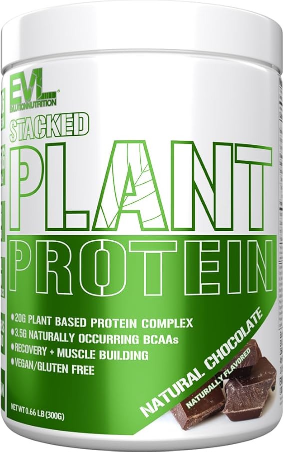 Evlution EVL Stacked Plant Protein Powder - 300g - Natural Chocolate | Recovery + Muscle Building - Probiotics, BCAAs, Fiber, Plant-Based Protein Complex - Vegan and Non-GMO - Gluten-Free