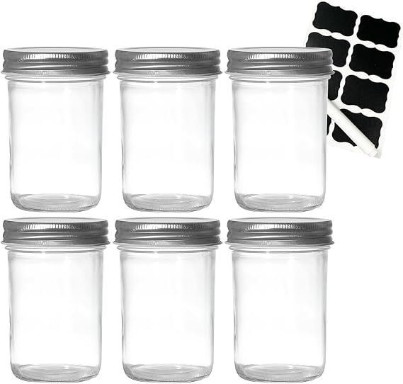 6 Pack Mason Jars 8 oz (240ml) with Regular Lids - Wide Mouth Clear Glass Canning Jars for Pickling, Fermenting, Jam, Overnight Oats, Food Storage & DIY Crafts