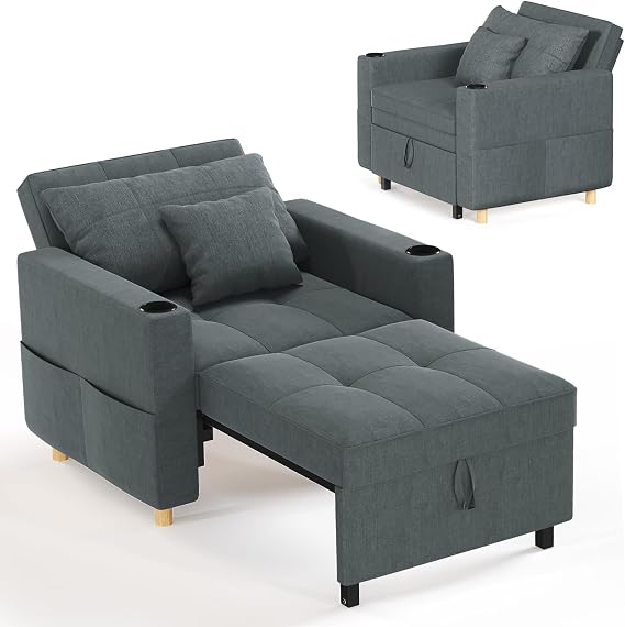 YODOLLA 3-in-1 Pull Out Sleeper Chair Bed 97cm Single Sofa Dark Grey | multi-position reclining backrest,practical side storage pocket, space-efficient foldable guest sleeping design
